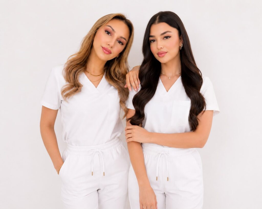 Merve en Berna, de twee thuisverpleegkundigen van Bemera Care, in wit verpleeguniform